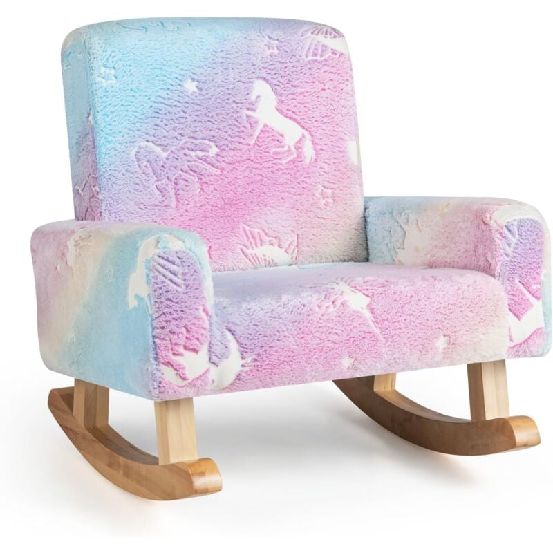 foto del prodotto costway sedia dondolo per bambini da 3 a 5 anni, poltrona in flanella con piedi a dondolo in legno, motivi che si illuminano al buio,56 x 49 x 50