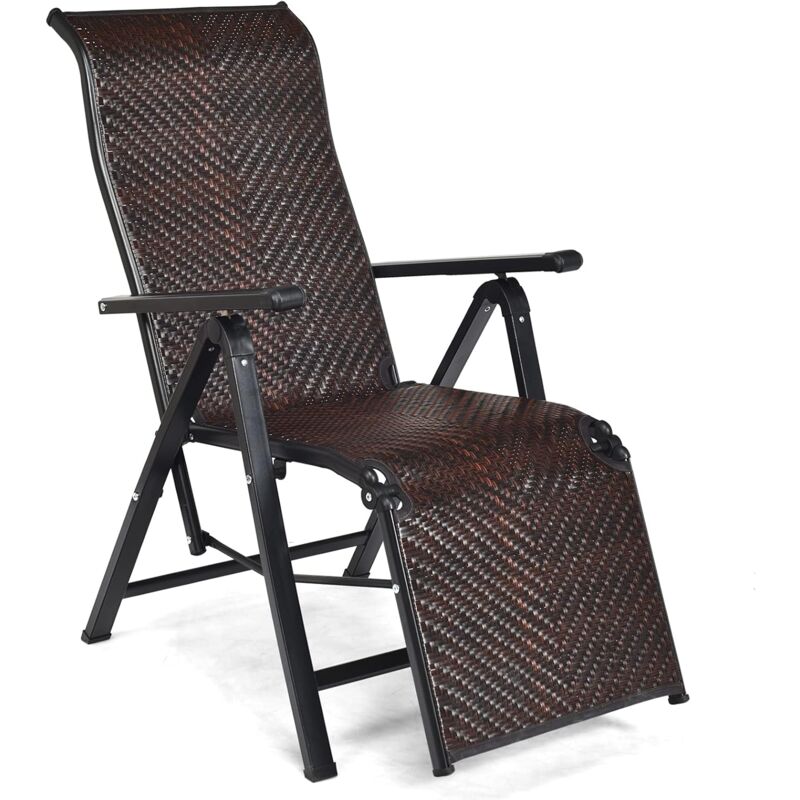 foto del prodotto costway sedia per il tempo libero da esterno, sedia pieghevole in rattan pe con schienale e molle regolabili, sdraio in metallo per patio, accanto