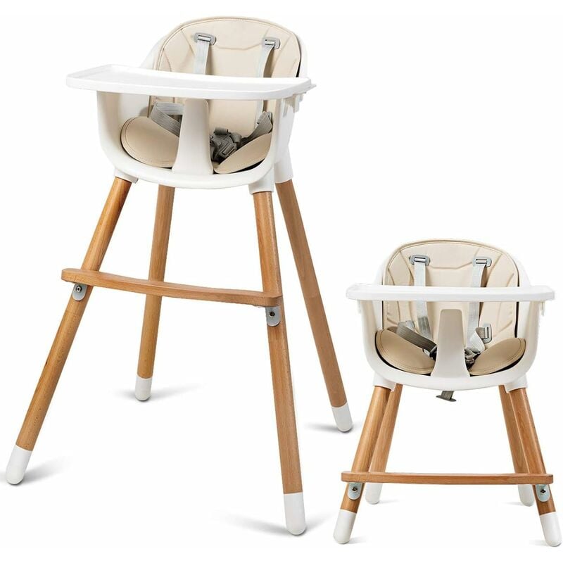 foto del prodotto costway seggiolone convertibile, multifunzionale 2 in 1, con gambe regolabili, cintura di sicurezza, vassoio e poggiapiedi regolabili, in legno
