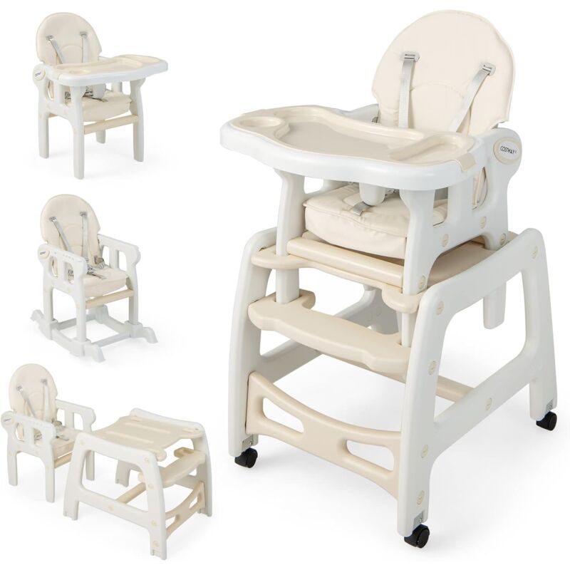 foto del prodotto costway seggiolone pappa per bambini 3 in 1, seggiolone per neonati con vassoio rimovibile, cuscino, schienale regolabile e cintura di sicurezza a