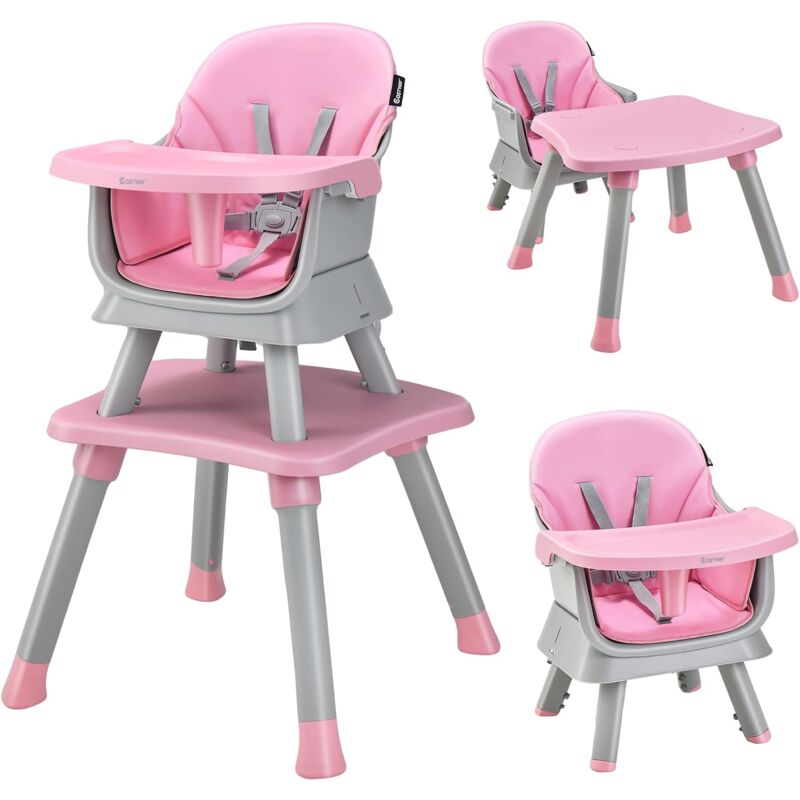 foto del prodotto costway seggiolone pappa per bambini 6 in 1, seggiolone per neonati convertibile, tavolo per costruzioni per bambini, con imbracatura a 5 punti,