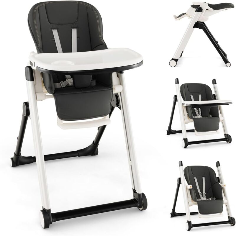 foto del prodotto costway seggiolone pieghevole per neonati, seggiolone pappa per bambini con schienale reclinabile, altezza regolabile, cintura di sicurezza a 5