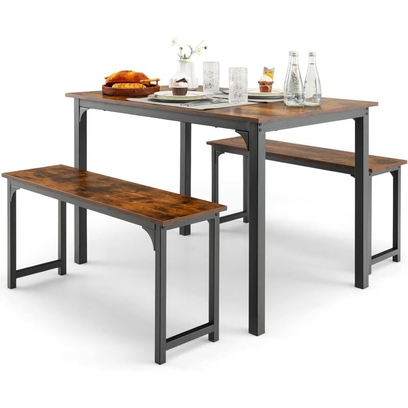 foto del prodotto costway set 3 pezzi tavolo e panche da cucina, set tavolo da pranzo 110 cm e 2 panche per 2 4 persone con struttura in metallo antiruggine, set