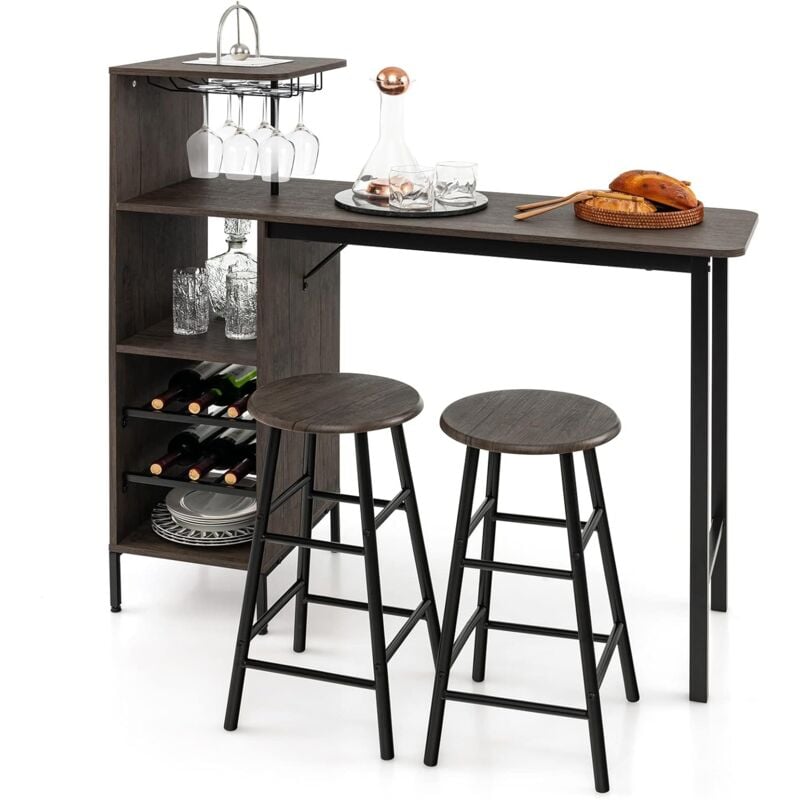 foto del prodotto costway set 3 pezzi tavolo e sedie da bar, tavolo e sgabelli da pub industriale con porta calici e 6 portabottiglie da vino, set di tavolo per sala