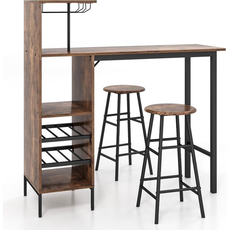 foto del prodotto costway set 3 pezzi tavolo e sedie da bar, tavolo e sgabelli da pub industriale con porta calici e 6 portabottiglie da vino, set di tavolo per sala