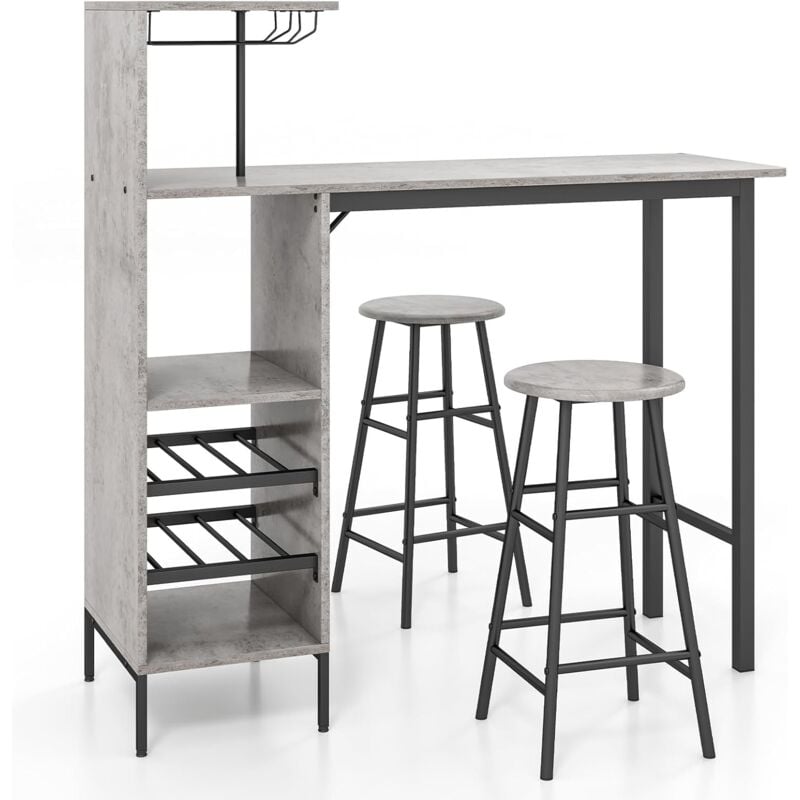 foto del prodotto costway set 3 pezzi tavolo e sedie da bar, tavolo e sgabelli da pub industriale con porta calici e 6 portabottiglie da vino, set di tavolo per sala