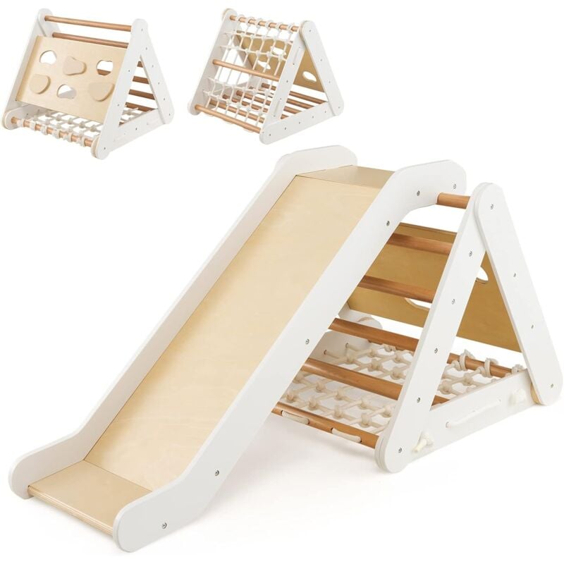 foto del prodotto costway set 4 in1 arrampicata per bambini, arrampicata a triangolo con scivolo, set di arrampicata in legno per interni e esterni con rete di
