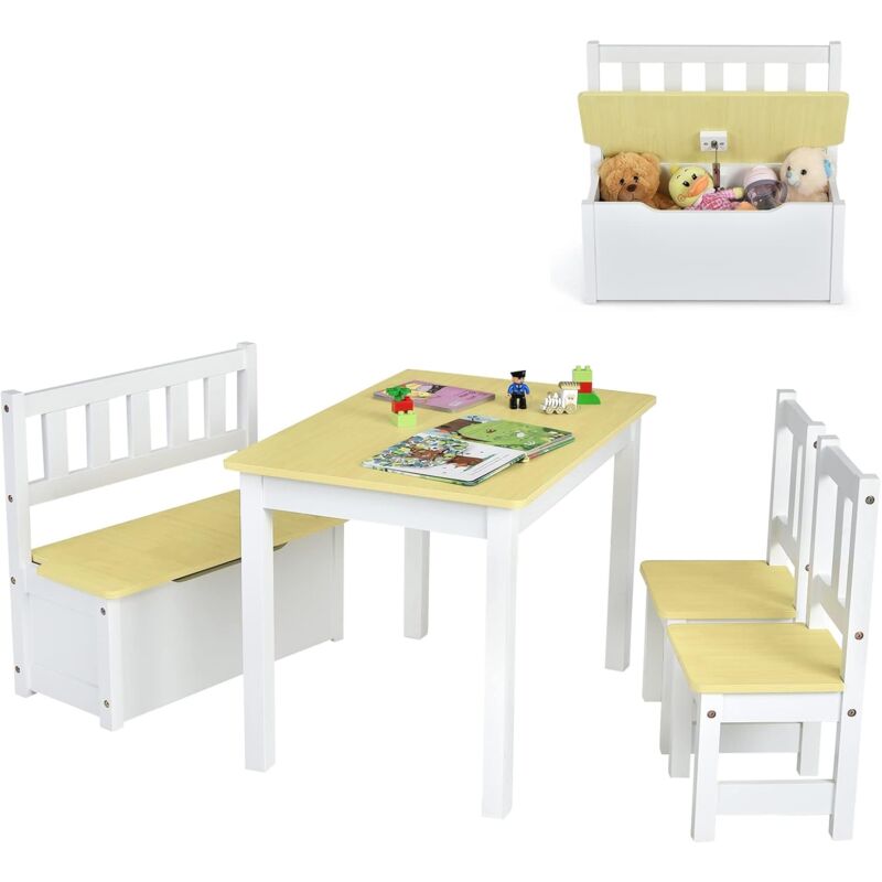 foto del prodotto costway set 4 pezzi tavolo e sedie per bambini, set tavolo attivit di legno 2 in 1 per bambini con 2 sedie e 1 panca, per bambini per giocare