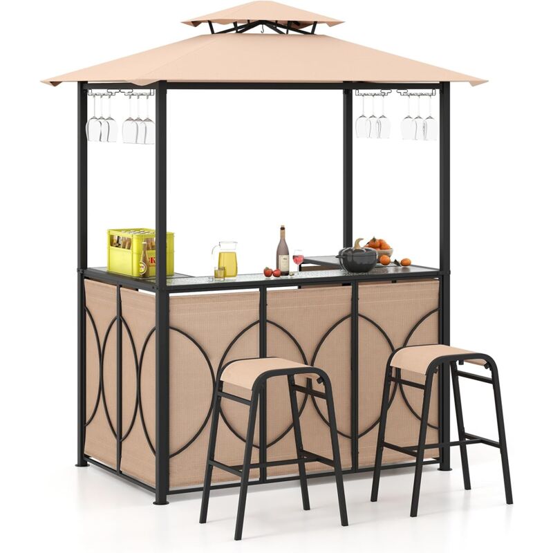 foto del prodotto costway set bar da patio a 3 pezzi, gazebo per griglia e 2 sgabelli da bar con tavolo in vetro temperato, ripiani in metallo, portabicchieri, per