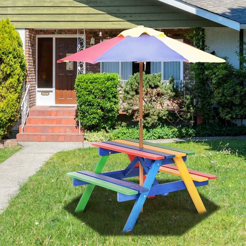 foto del prodotto costway set con tavolo picnic di legno e ombrellone per bambini, tavolo e panchina con 4 posti e ombrellone pieghevoli, tavolo e sedie multiuso per