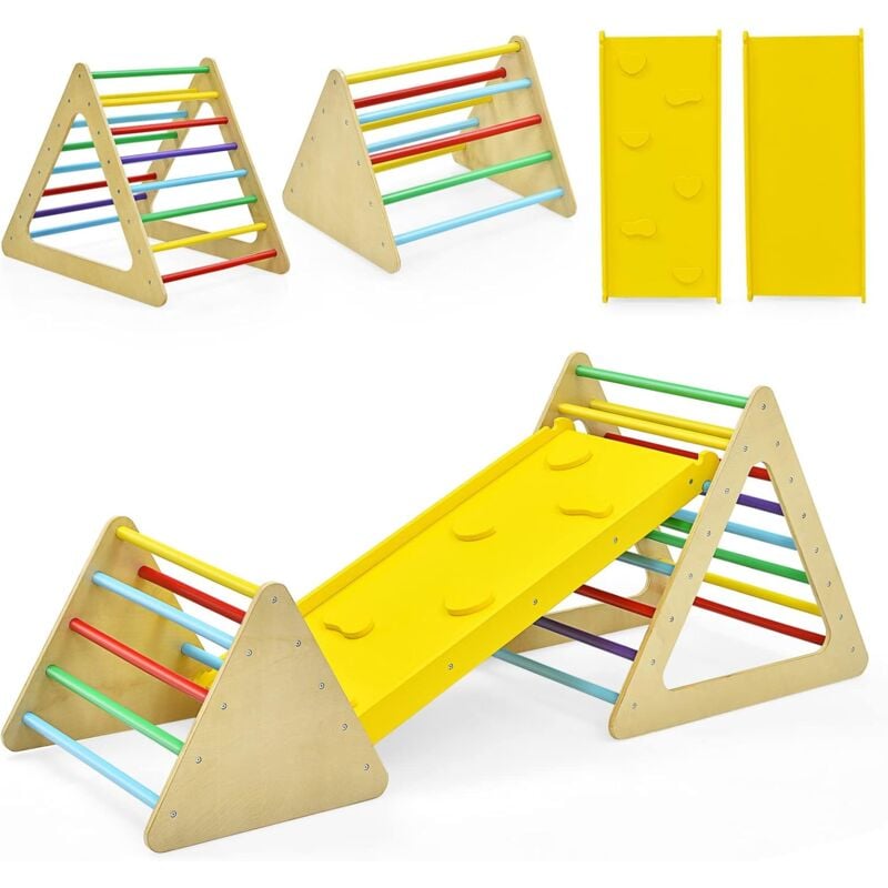 foto del prodotto costway set da arrampicata 3 in 1 per bambini, 3 pezzi con 2 scale triangolari e 1 rampa, per scivolare e arrampicarsi, scala giochi arrampicata