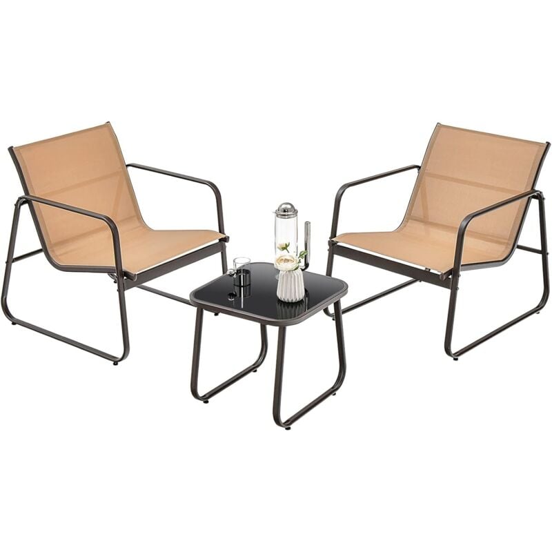 foto del prodotto costway set da conversazione per patio 3 pezzi, set di sedie e tavolo in metallo e textilene per esterni, piano tavolo in vetro temperato, set di