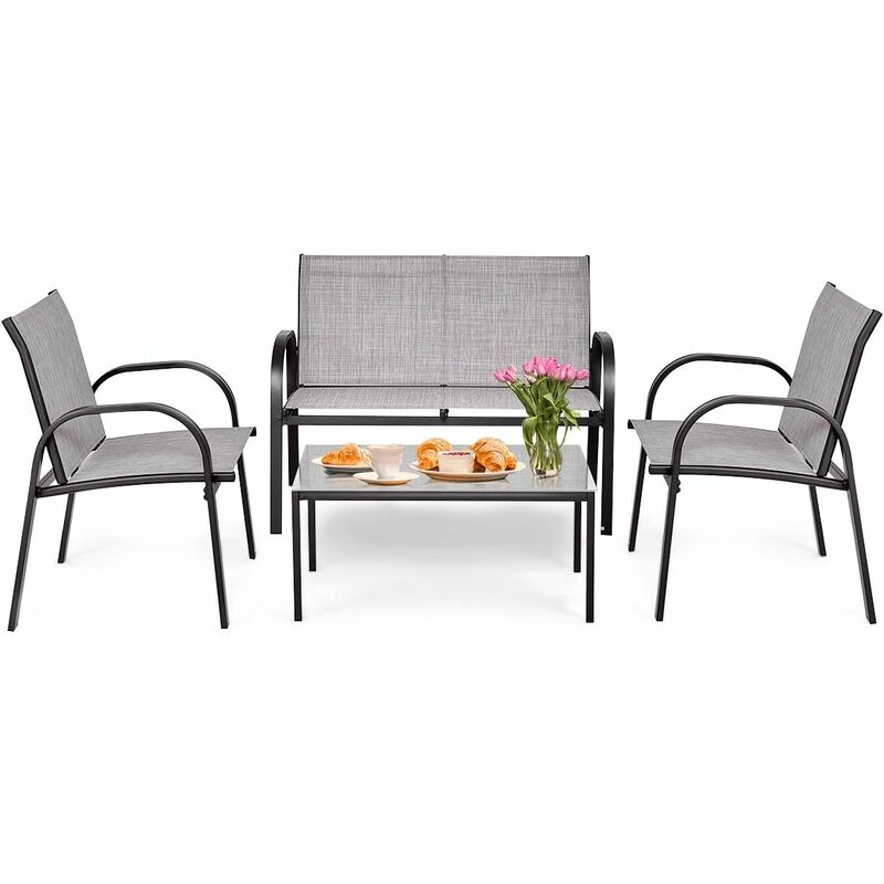 foto del prodotto costway set da giardino con 4 pezzi, set da giardino per chiacchierare, sedie da giardino con tavolino in vetro, con struttura resistente in ferro,