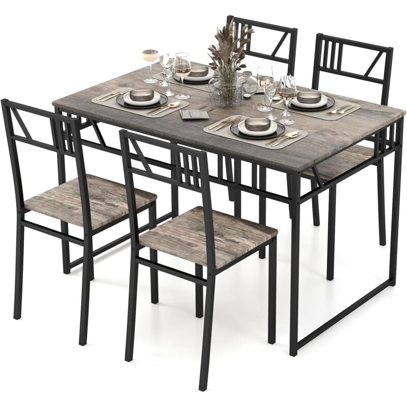foto del prodotto costway set da tavolo da pranzo 5 pezzi, tavolo da cucina e 4 sedie con piano simile al legno e struttura in metallo, set tavolo e sedie