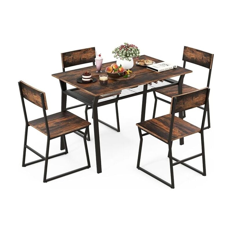 foto del prodotto costway set da tavolo e sedie da pranzo, tavolo da pranzo con 4 sedie industriale, set 5 pezzi mobili con mensola portaoggetti e telaio in metallo,