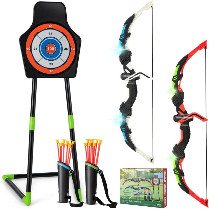 foto del prodotto costway set di 2 archi e frecce per bambini, giocattoli con arco e frecce led con 20 frecce a ventosa, fasce per interni ed esterni, per ragazzi 3