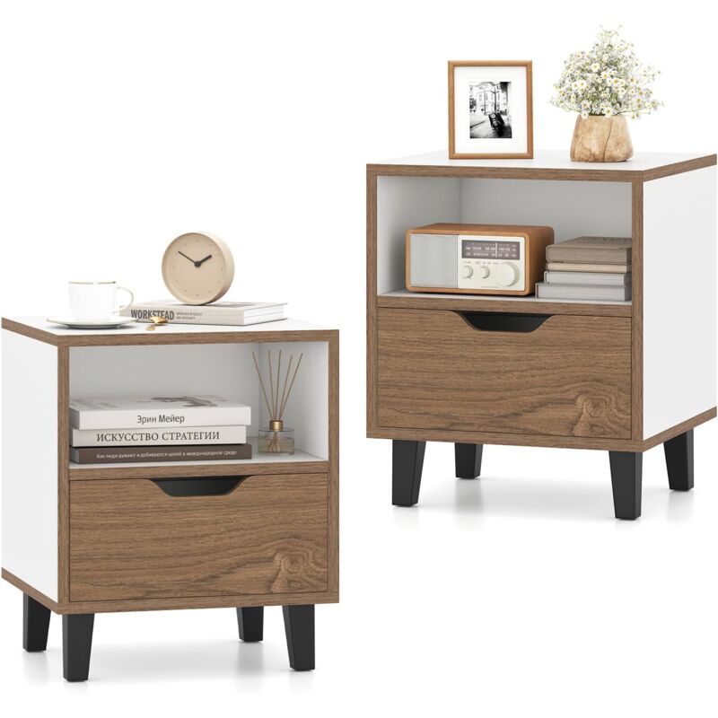foto del prodotto costway set di 2 comodini 37 x 33 x 44 cm, tavolini da letto con cassetto, scomparto aperto e gambe in metallo, mobile laterale per camera da