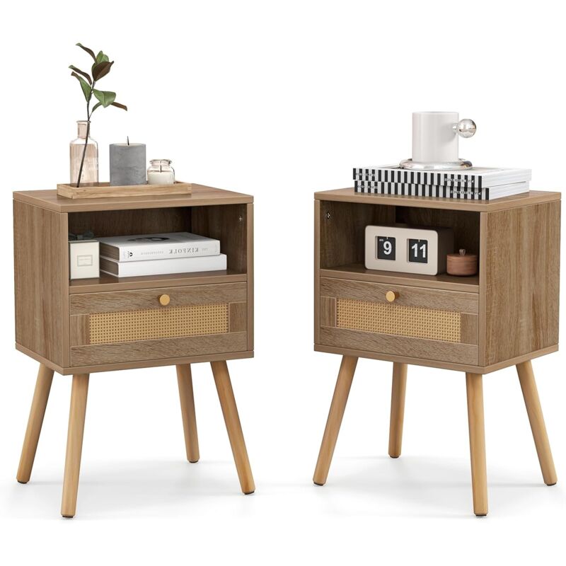 foto del prodotto costway set di 2 comodini in rattan, comodini con cassetto e gmabe in legno, 2 pezzi comodini in stile boho con vano aperto, tavolino laterale per