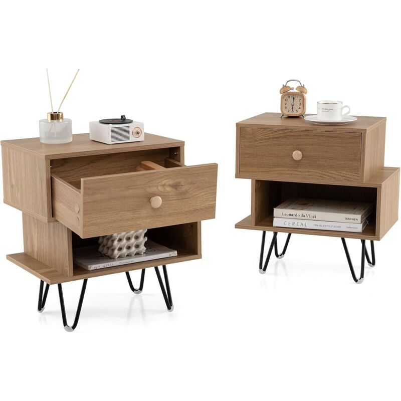 foto del prodotto costway set di 2 comodini, tavolino moderno con cassetto rimovibile, scomparto aperto e gambe in metallo, mobile per camera da letto, soggiorno e