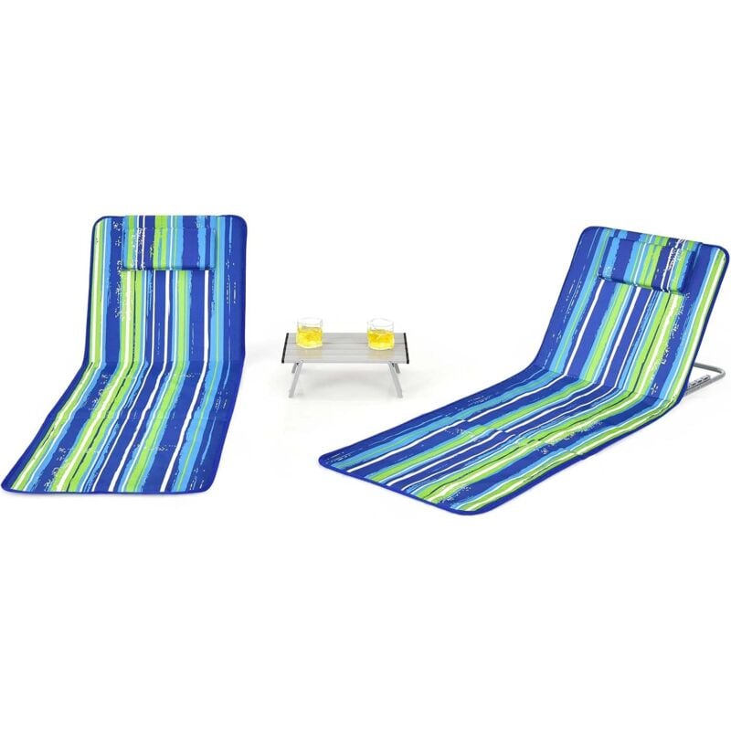 foto del prodotto costway set di 2 lettini da spiaggia pieghevole, schienale regolabile, set di tappetini da spiaggia con un tavolino, per rilassarsi all esterno e