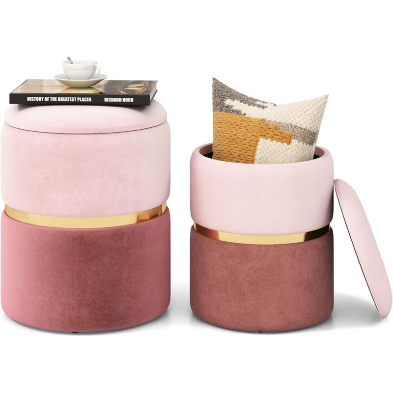 foto del prodotto costway set di 2 pouf moderni in velluto, pouf rotondi imbottiti da 32l 21l con seduta in spugna, sgabelli decorativi bicolori per soggiorno,