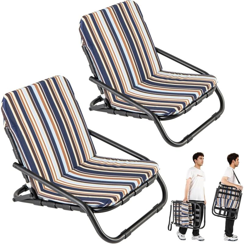 foto del prodotto costway set di 2 sedie da spiaggia, sedia da spiaggia pieghevole con cuscino, sedie a sdraio basse portatile, con struttura in metallo, portata 135