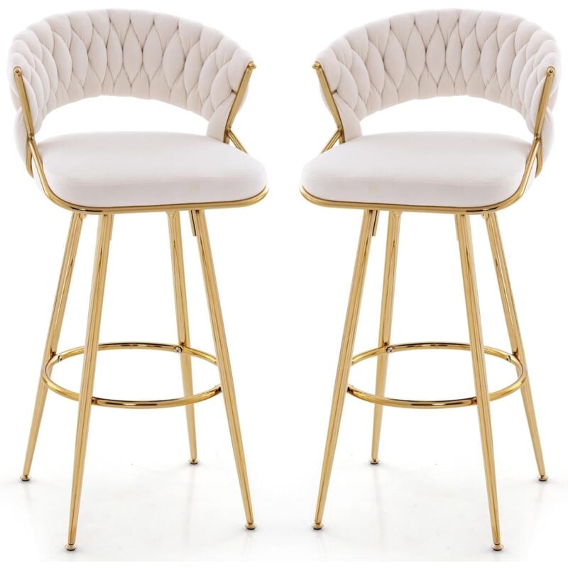 foto del prodotto costway set di 2 sgabelli bar in velluto, sgabello bar di 73 cm con schienale intrecciato e gambe in metallo, sgabello da bar con schienale e
