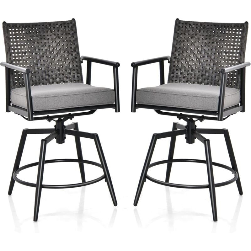 foto del prodotto costway set di 2 sgabelli da bar girevoli a 360 , sedie alte con telaio in metallo, schienale in rattan pe a 2 strati, cuscino imbottito rimovibile