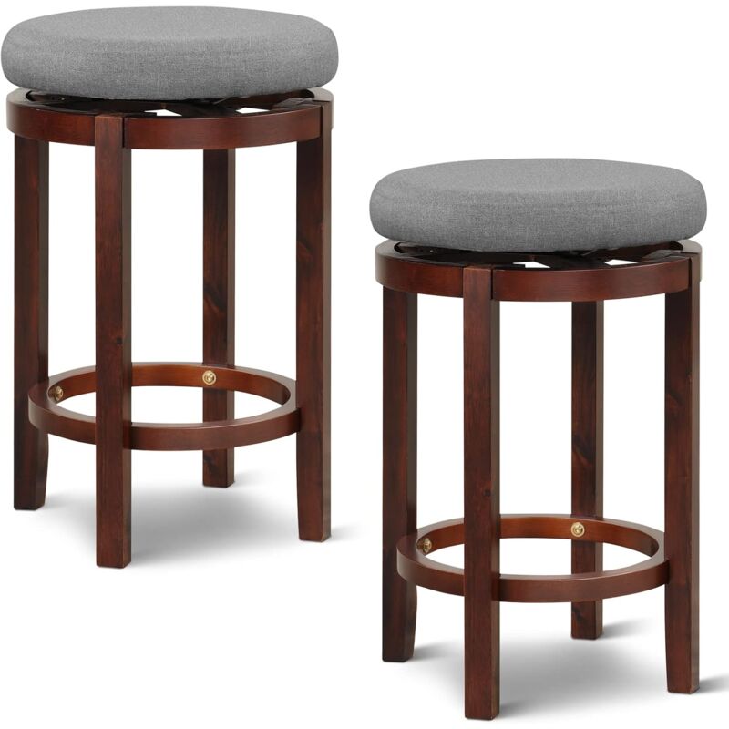 foto del prodotto costway set di 2 sgabelli da bar in lino, sgabelli cucina rotondi, girevole a 360 , con seduta imbottita, gambe in legno di gomma e poggiapiedi,