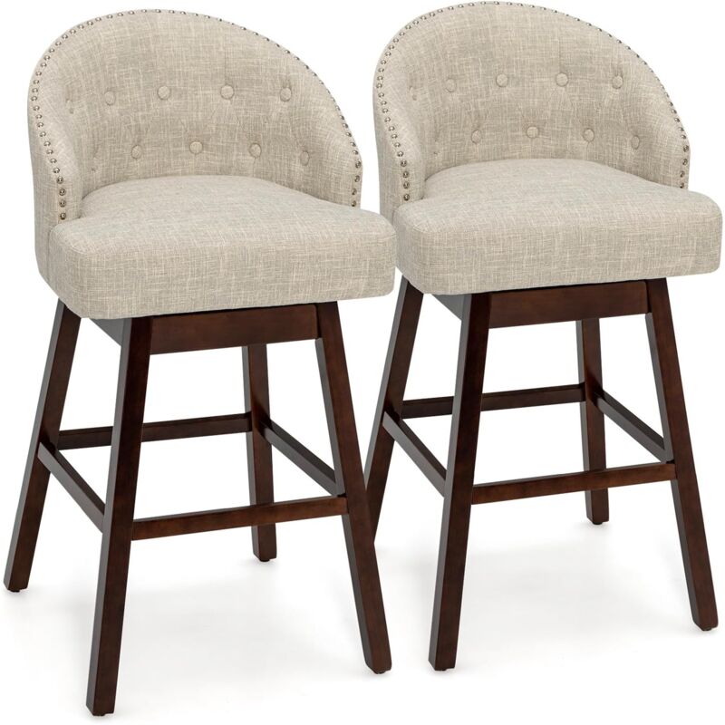 foto del prodotto costway set di 2 sgabelli da bar, sgabelli con gambe in legno di gomma e schienale imbottito, sgabelli da bar girevole, ideale per bar, cucina,