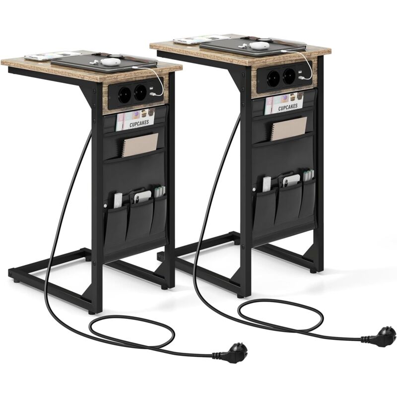 foto del prodotto costway set di 2 tavolini a forma di c, tavolino da divano e letto in metallo con 2 prese elettriche, 2 porte usb e tasca laterale, comodino per