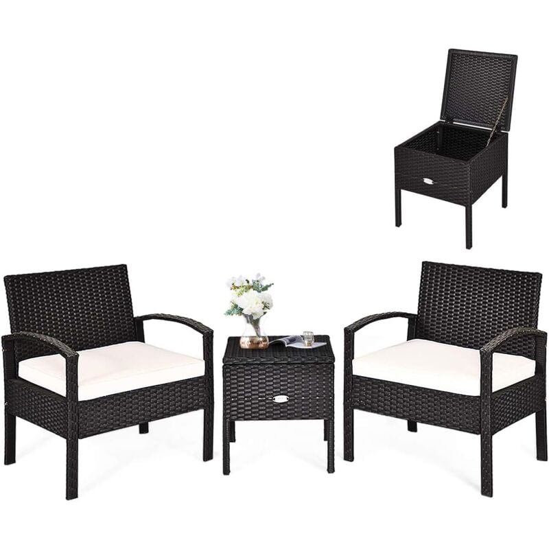 foto del prodotto costway set di 3 pezzi di mobili da giardino, set di sedie e tavolino in rattan pe con cuscini rimovibili, tavolino contenitore con sedie in vimini