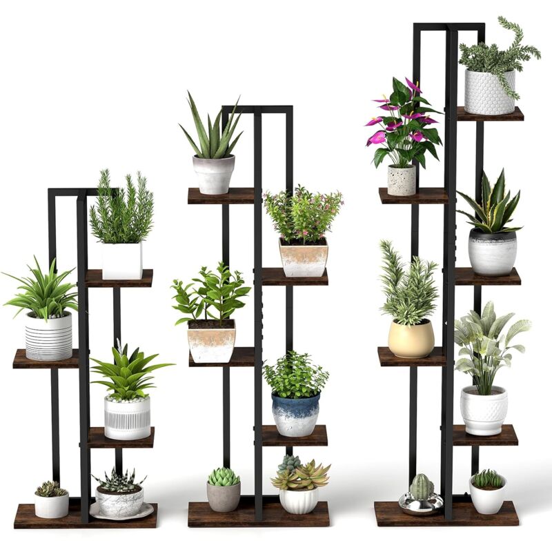 foto del prodotto costway set di 3 scaffali porta piante da interno ed esterno, scaffali per fiori a 4 5 6 ripiani, porta vasi in legno e metallo
