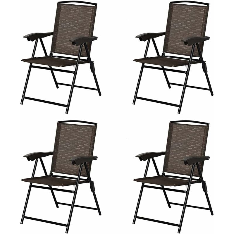 foto del prodotto costway set di 4 sedie pieghevoli da esterno, con schienale a fasce altezza regolabile e braccioli, ideale per cortile, piscina e giardino, marrone