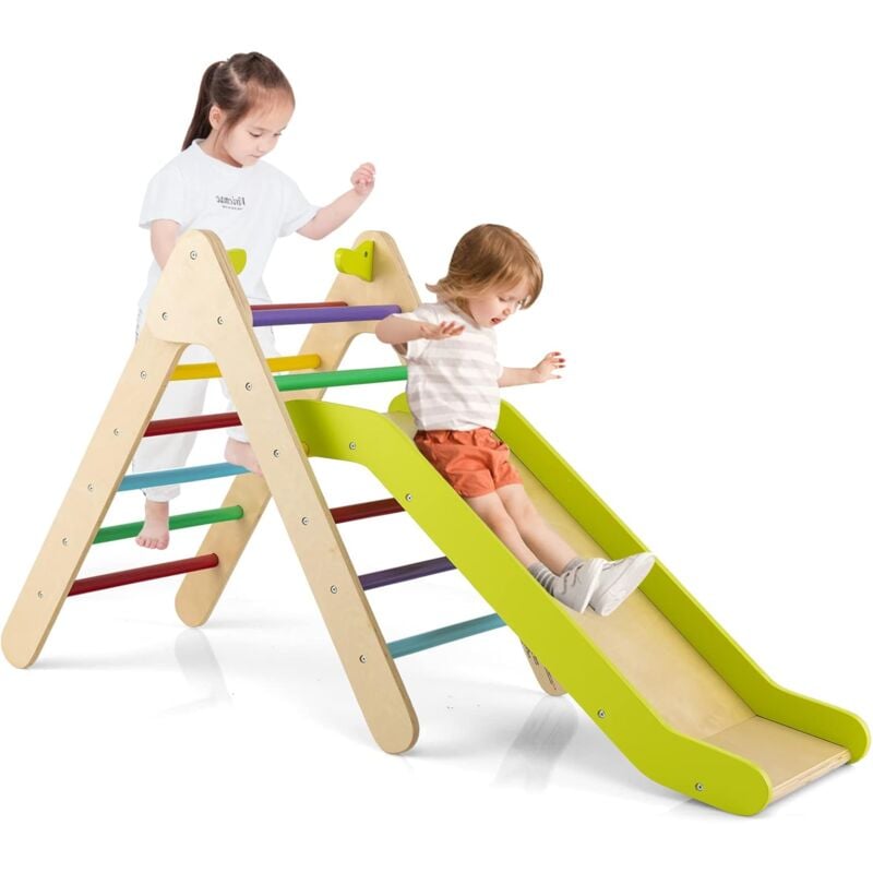 foto del prodotto costway set di arrampicata con scivolo 2 in 1, arrampicatore in legno regolabile a gradi, giocattolo per arrampicarsi all interno e all esterno per