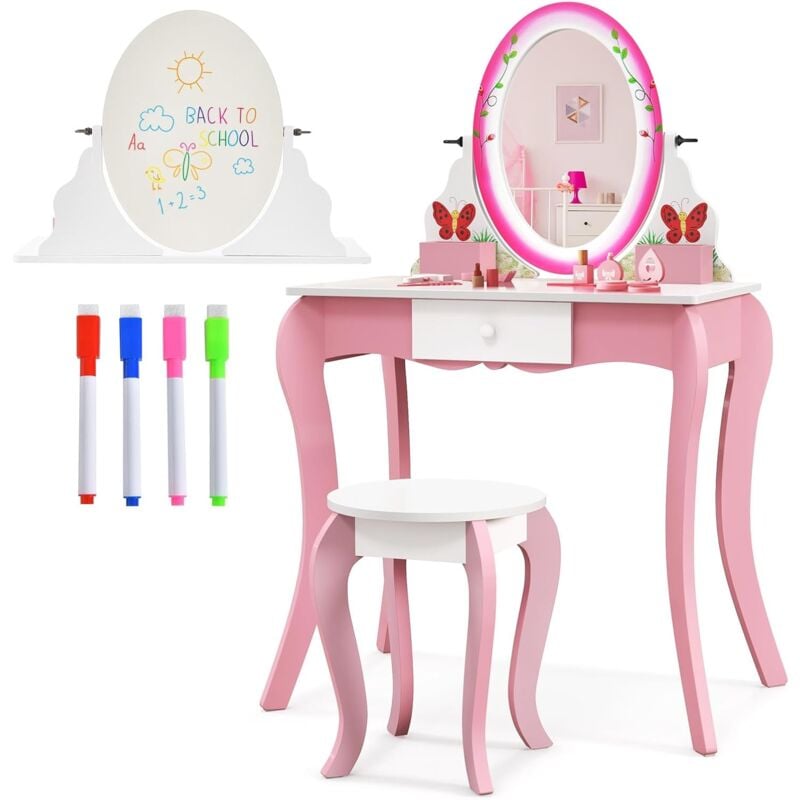 foto del prodotto costway set di tavolo da toeletta per bambini con cassetto e sgabello, tavolo da trucco con specchio girevole a 360 e lavagna bianca, per bambine
