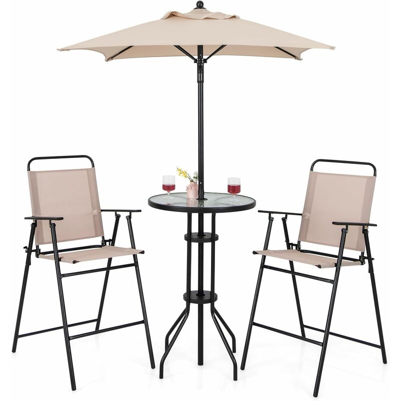 foto del prodotto costway set mobili da giardino 4 pezzi in metallo, tavolo in vetro e 2 sedie pieghevoli, tavolo da giardino con ombrellone e sedie, per giardino,