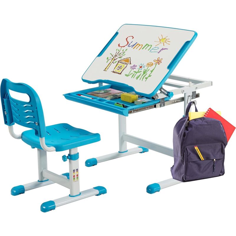 foto del prodotto costway set scrivania e sedia per bambini, set tavolo con altezza regolabile per bambini, tavolo per studiare con superficie inclinabile blu 