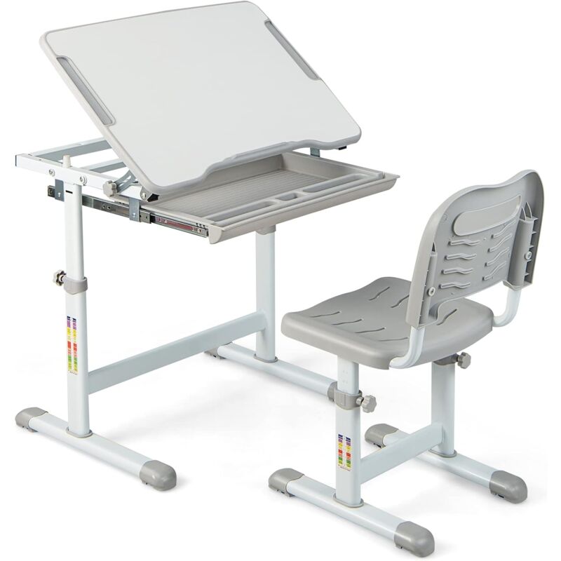 immagine 0 del prodotto costway set scrivania e sedia per bambini, set tavolo con altezza regolabile per bambini, tavolo per studiare con superficie inclinabile grigio 