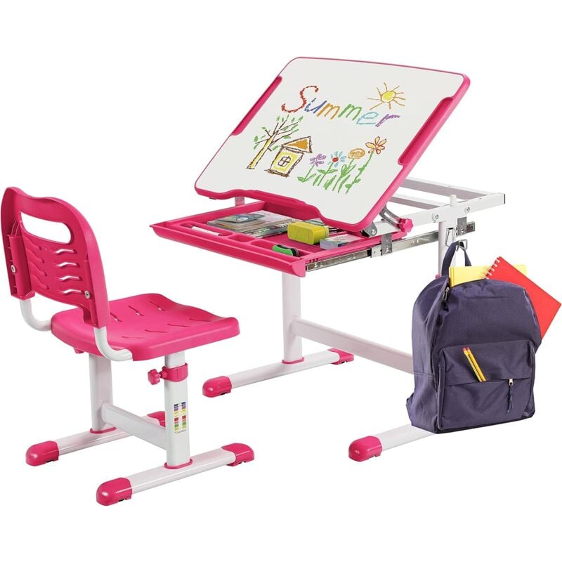foto del prodotto costway set scrivania e sedia per bambini, set tavolo con altezza regolabile per bambini, tavolo per studiare con superficie inclinabile rosa 