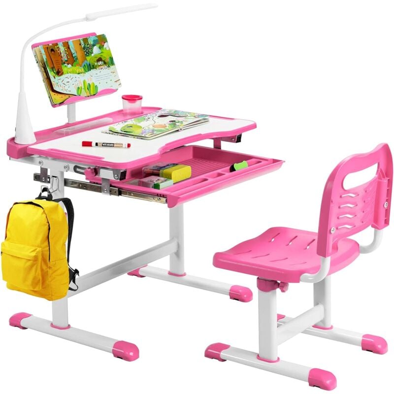 foto del prodotto costway set scrivania e sedia per bambini, tavolo per studiare con altezza regolabile, luce led e superficie inclinata, scrivania e sedia per