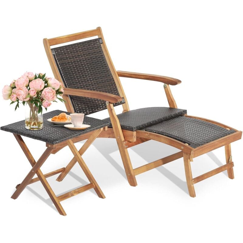 foto del prodotto costway set sedia a patio e tavolo, poltrona con poggiapiedi telescopico lungo, mobili da giardino da esterno pieghevole, in rattan e legno di