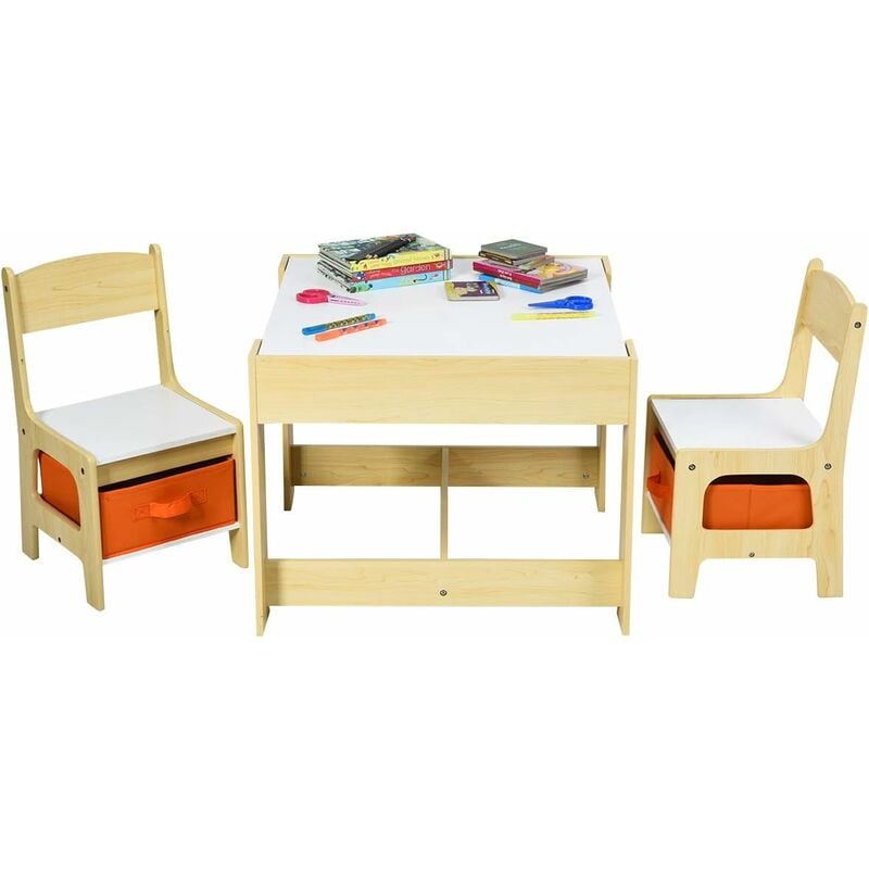 foto del prodotto costway set tavoli per bambini in legno tavolino bambini, sgabelli, lavagna cassetti e contenitore, scrivania tavolino multiuso, beige