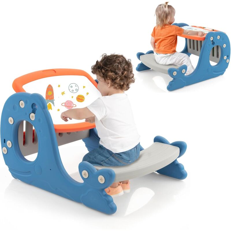 foto del prodotto costway set tavolo attivit convertibile per bambini, cavalletto multifunzionale regolabile con lavagna cancellabile a forma di balena, tavolo da