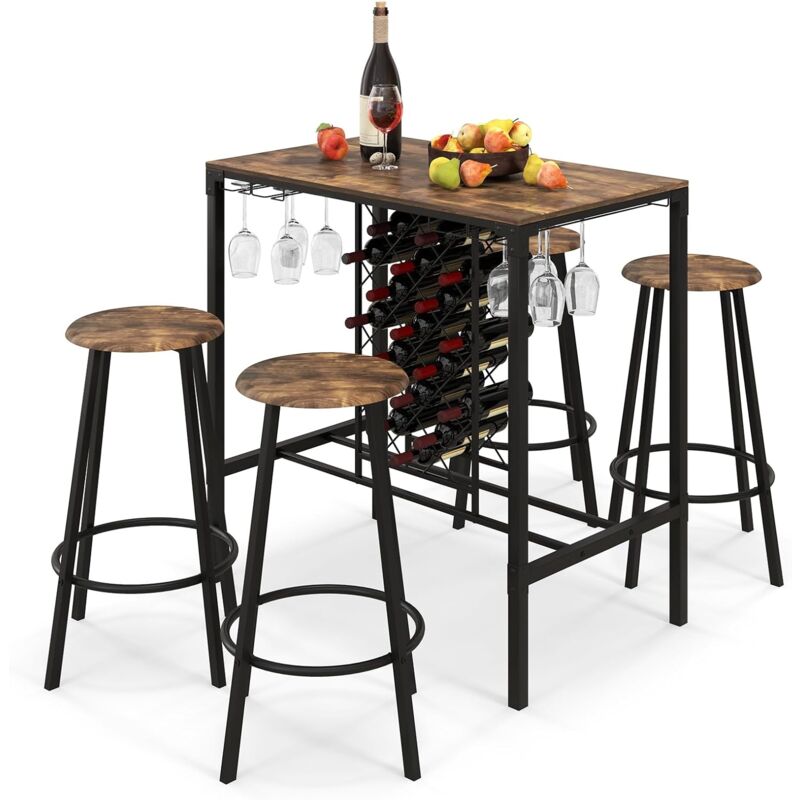 foto del prodotto costway set tavolo bar alto e 4 sgabelli, tavolo alto con sgabelli 5 pezzi per 4 persone, tavolo isola da cucina con portabottiglie e porta calici,