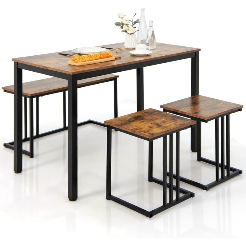 foto del prodotto costway set tavolo da pranzo 4 pezzi, tavolo da pranzo con panca e 2 sgabelli, in stile industriale, set tavolo salvaspazio per cucina, ristorante,