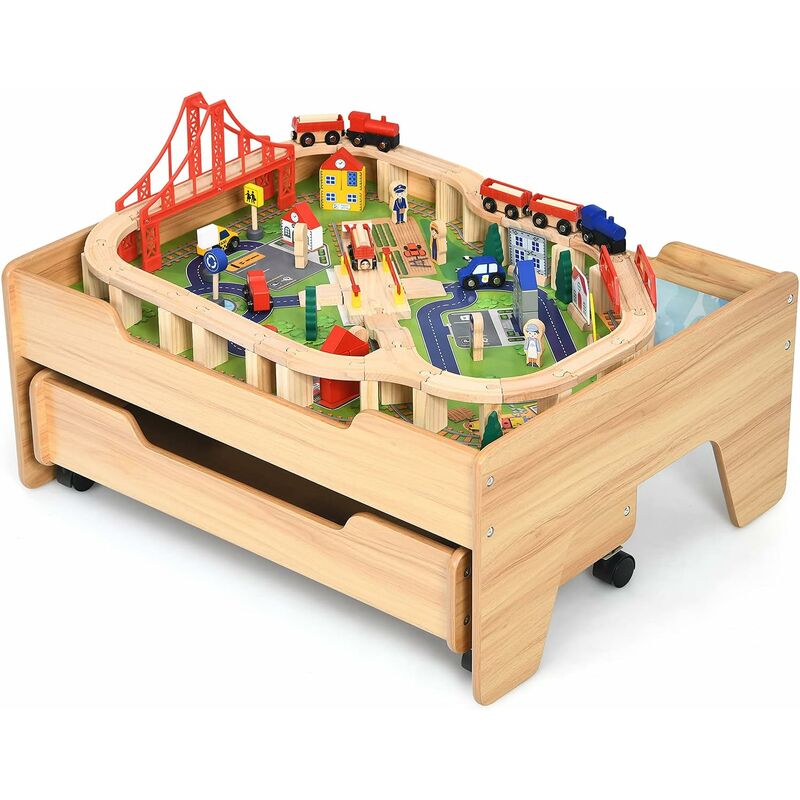 foto del prodotto costway set tavolo di legno con binari ferroviari per bambini, tavolo attivit e cassetto con ruote bloccabili, con 100 pezzi multicolore,