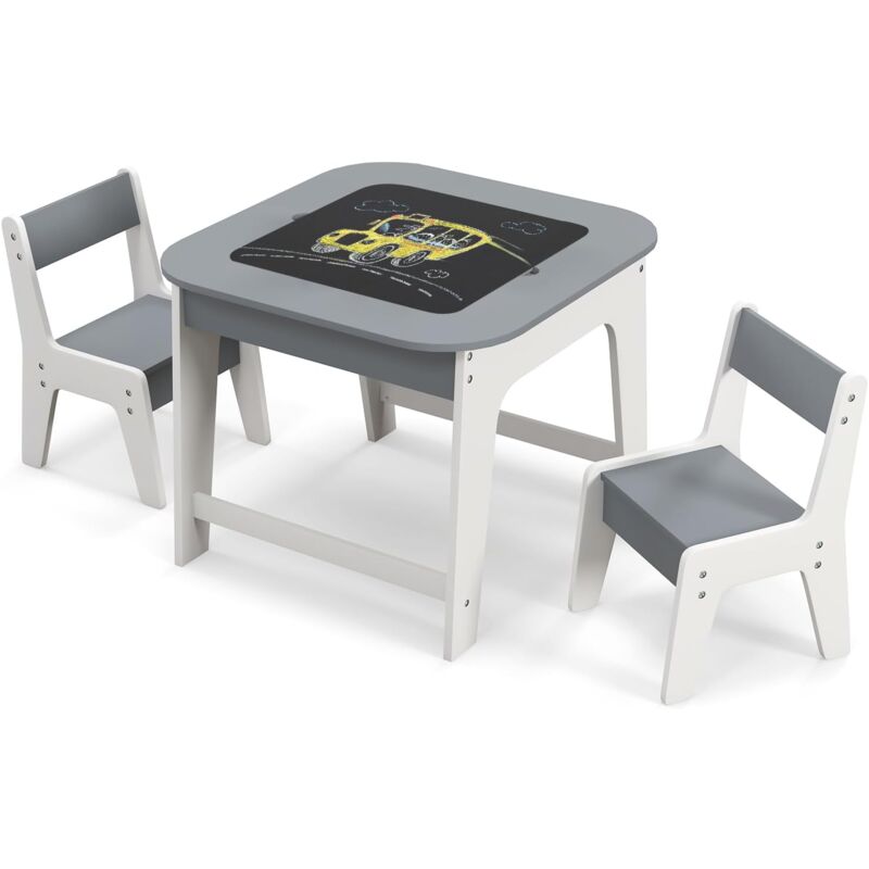 foto del prodotto costway set tavolo e 2 sedie per bambini, con lavagna reversibile, tavolo multiattivit con vano portaoggetti nascosto e sedie, per bambini da 3 6
