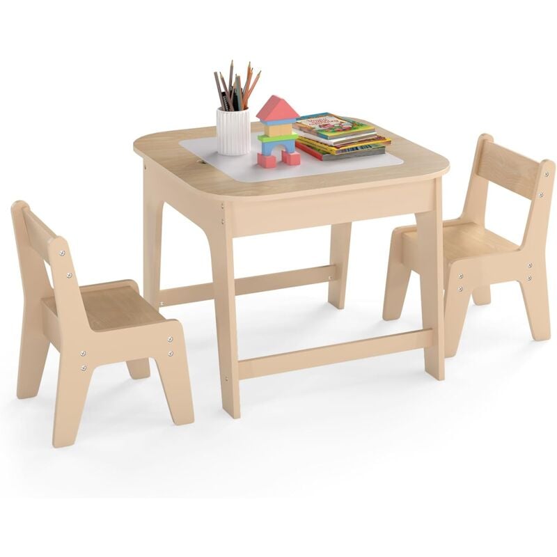 foto del prodotto costway set tavolo e 2 sedie per bambini, con lavagna reversibile, tavolo multiattivit con vano portaoggetti nascosto e sedie, per bambini da 3 6