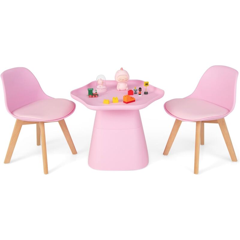 foto del prodotto costway set tavolo e 2 sedie per bambini, tavolo da gioco per bambini con bordi rialzati, sedie con schienale e gambe in legno di faggio, adatto a